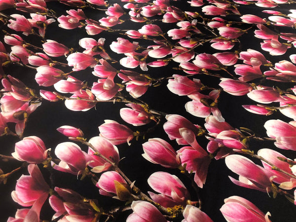 Pink Magnolias on Black Silk Satin