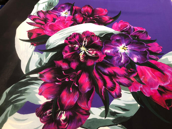 PANEL- Painted Tulips in Fuscia, on Black Crepe de Chine