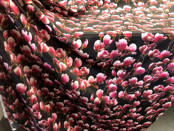 Pink Magnolias on Black Silk Satin