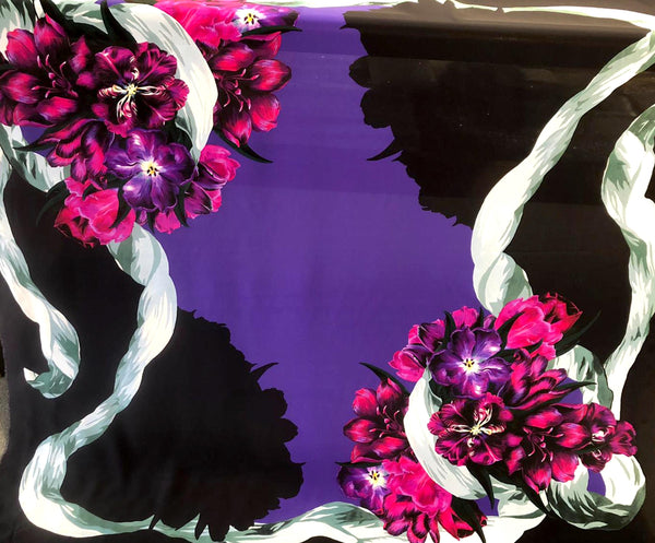 PANEL- Painted Tulips in Fuscia, on Black Crepe de Chine