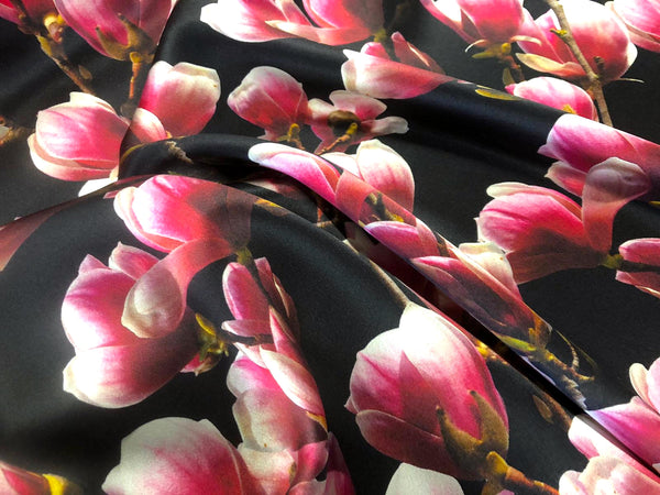 Pink Magnolias on Black Silk Satin