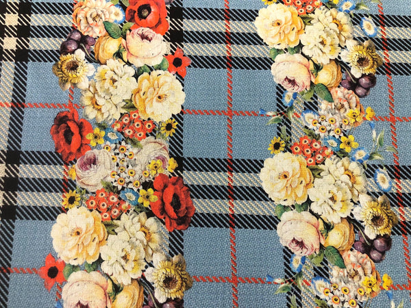 Check Tweed Boquet Print on Silk Crepe de Chine, Powder Blue