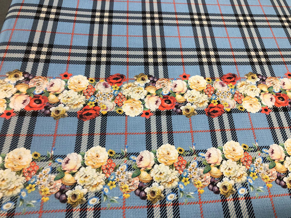 Check Tweed Boquet Print on Silk Crepe de Chine, Powder Blue