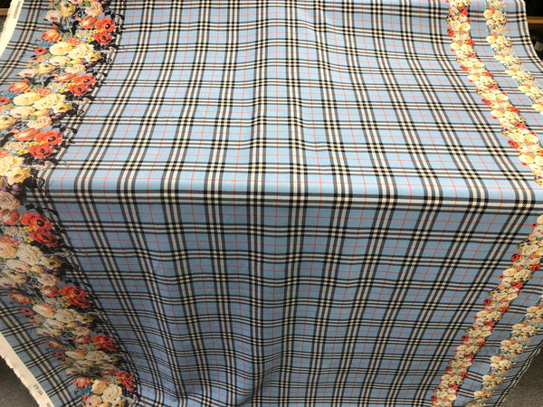 Check Tweed Boquet Print on Silk Crepe de Chine, Powder Blue