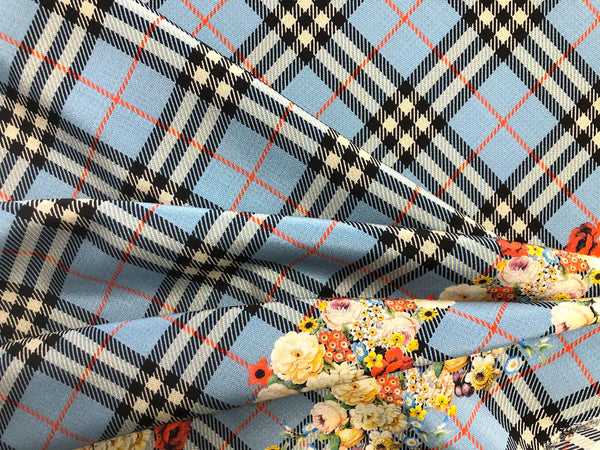 Check Tweed Boquet Print on Silk Crepe de Chine, Powder Blue