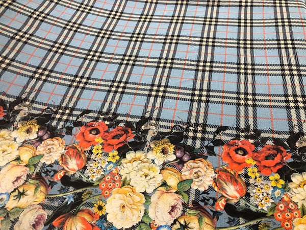 Check Tweed Boquet Print on Silk Crepe de Chine, Powder Blue