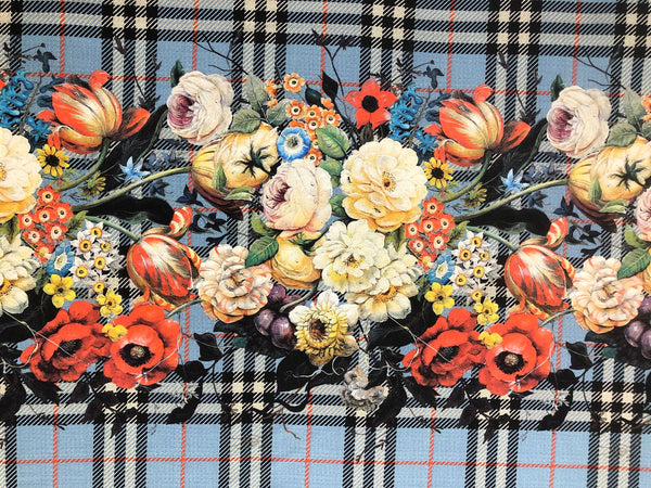 Check Tweed Boquet Print on Silk Crepe de Chine, Powder Blue