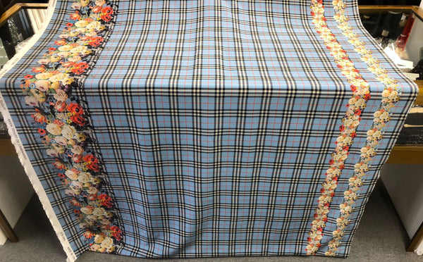 Check Tweed Boquet Print on Silk Crepe de Chine, Powder Blue