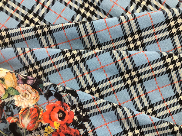 Check Tweed Boquet Print on Silk Crepe de Chine, Powder Blue