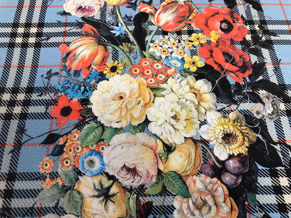 Check Tweed Boquet Print on Silk Crepe de Chine, Powder Blue