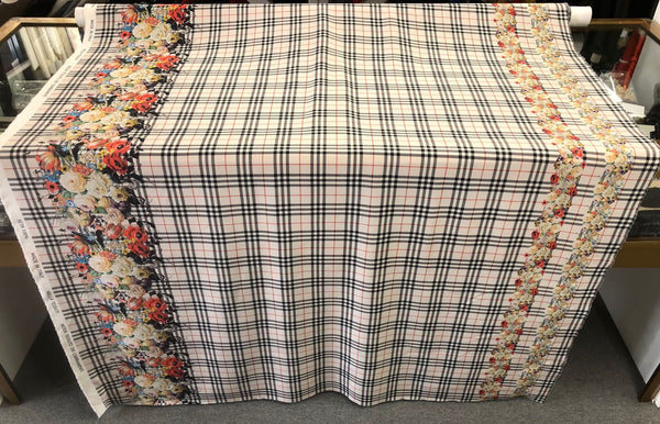 Check Tweed Boquet Print on Silk Crepe de Chine, Ecru Beige