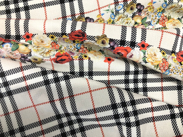 Check Tweed Boquet Print on Silk Crepe de Chine, Ecru Beige