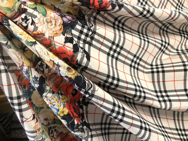 Check Tweed Boquet Print on Silk Crepe de Chine, Ecru Beige
