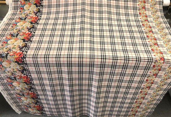 Check Tweed Boquet Print on Silk Crepe de Chine, Ecru Beige