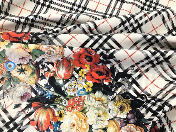 Check Tweed Boquet Print on Silk Crepe de Chine, Ecru Beige