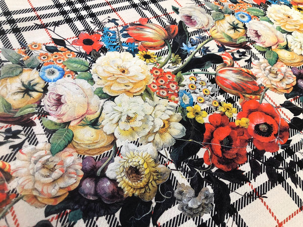 Check Tweed Boquet Print on Silk Crepe de Chine, Ecru Beige
