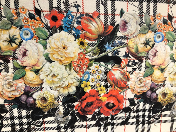 Check Tweed Boquet Print on Silk Crepe de Chine, Ecru Beige