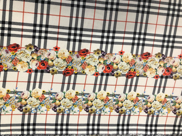 Check Tweed Boquet Print on Silk Crepe de Chine, Ecru Beige