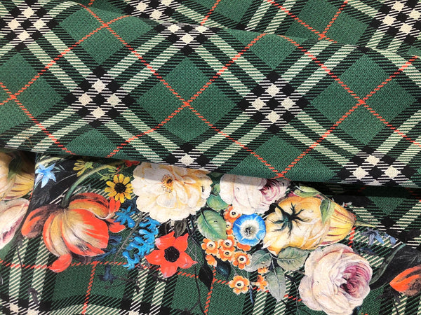 Check Tweed Boquet Print on Silk Crepe de Chine, Forest Green