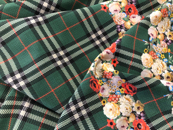 Check Tweed Boquet Print on Silk Crepe de Chine, Forest Green