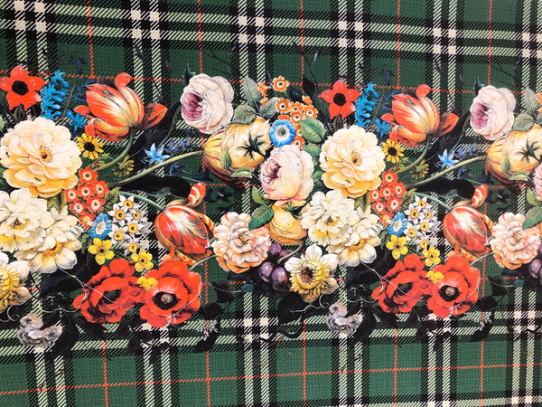 Check Tweed Boquet Print on Silk Crepe de Chine, Forest Green