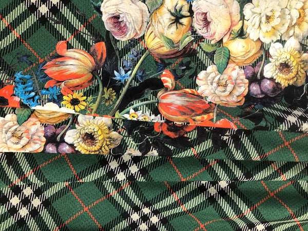 Check Tweed Boquet Print on Silk Crepe de Chine, Forest Green