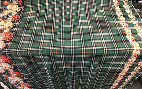 Check Tweed Boquet Print on Silk Crepe de Chine, Forest Green