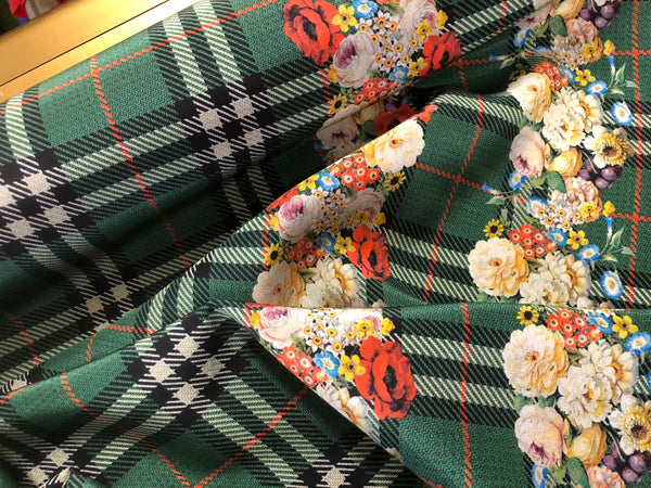 Check Tweed Boquet Print on Silk Crepe de Chine, Forest Green