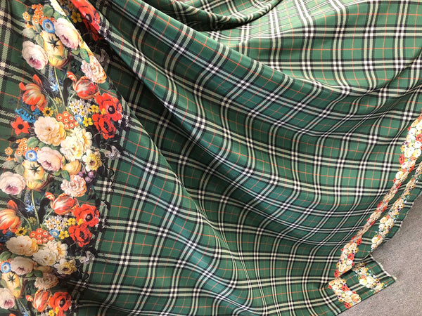 Check Tweed Boquet Print on Silk Crepe de Chine, Forest Green