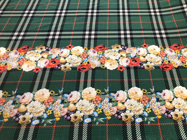 Check Tweed Boquet Print on Silk Crepe de Chine, Forest Green