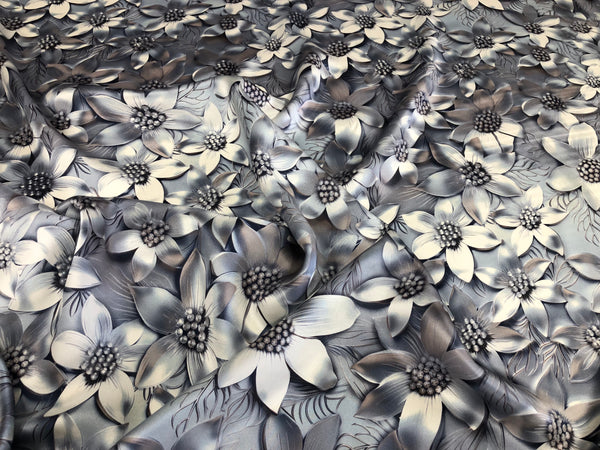 Printed Silk Satin,Blue & Silver