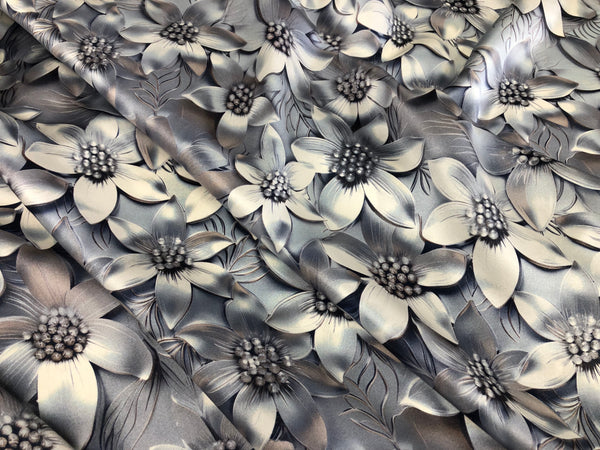 Printed Silk Satin,Blue & Silver