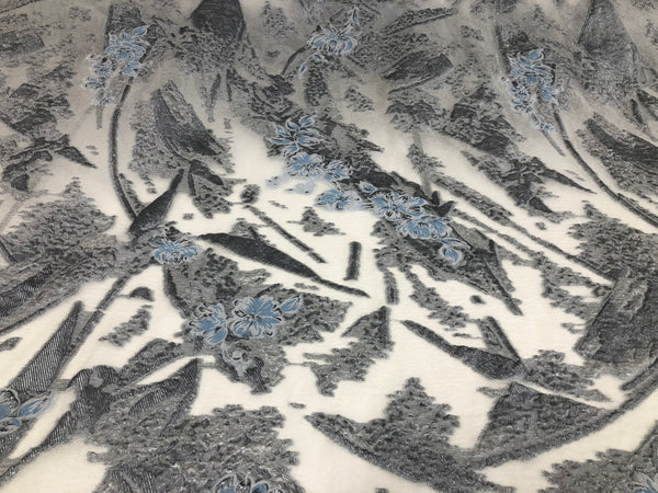 Silver & Blue  Blush Flowers Silk Blend Coupé Organza