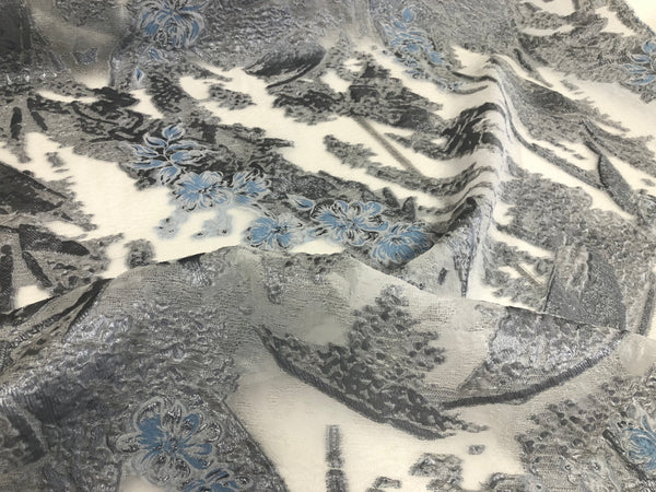 Silver & Blue  Blush Flowers Silk Blend Coupé Organza