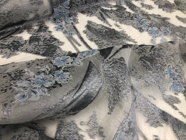 Silver & Blue  Blush Flowers Silk Blend Coupé Organza