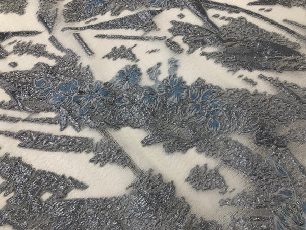 Silver & Blue  Blush Flowers Silk Blend Coupé Organza