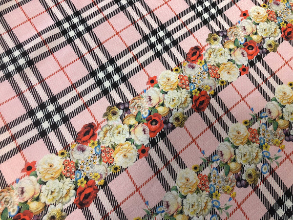 Check Tweed Boquet Print on Silk Crepe de Chine, Light Pink