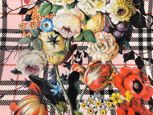 Check Tweed Boquet Print on Silk Crepe de Chine, Light Pink