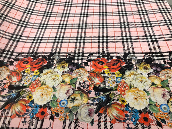 Check Tweed Boquet Print on Silk Crepe de Chine, Light Pink