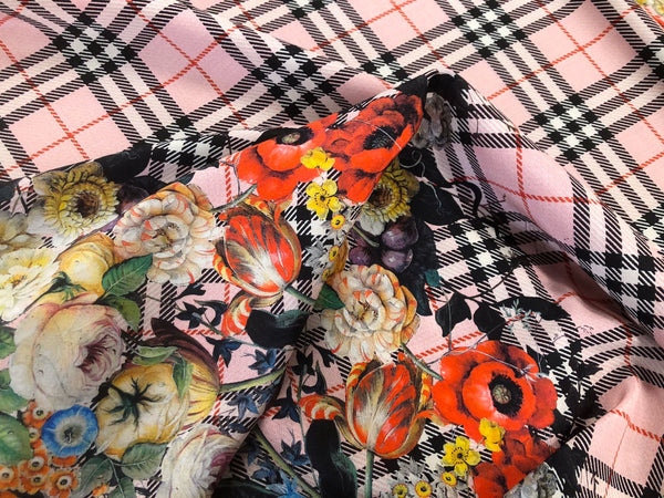 Check Tweed Boquet Print on Silk Crepe de Chine, Light Pink