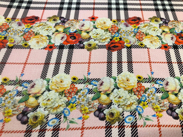 Check Tweed Boquet Print on Silk Crepe de Chine, Light Pink