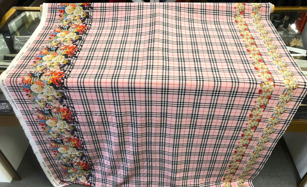 Check Tweed Boquet Print on Silk Crepe de Chine, Light Pink