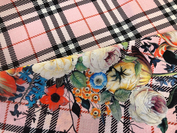 Check Tweed Boquet Print on Silk Crepe de Chine, Light Pink