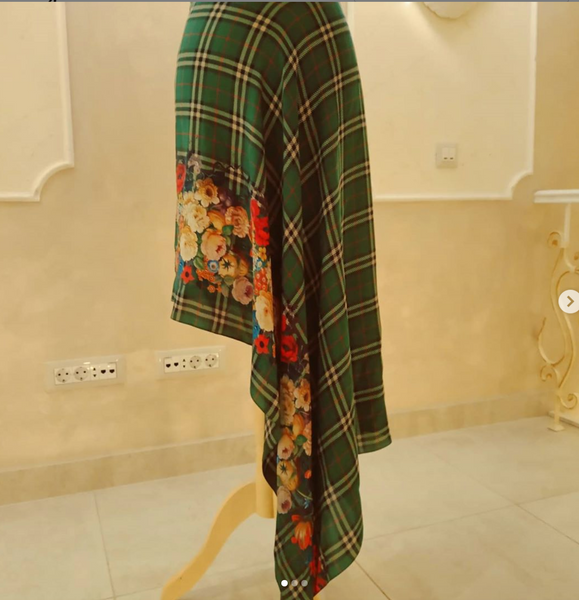 Check Tweed Boquet Print on Silk Crepe de Chine, Powder Blue