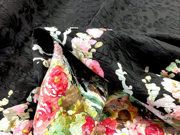 Silk Blend Jacquard, Watercolour Garden in Black