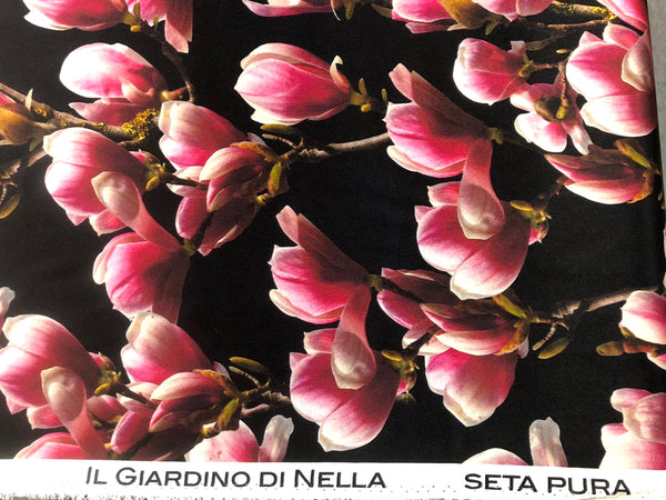 Pink Magnolias on Black Silk Satin