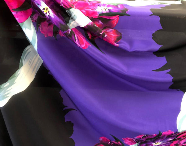 PANEL- Painted Tulips in Fuscia, on Black Crepe de Chine