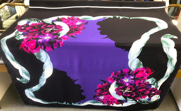 PANEL- Painted Tulips in Fuscia, on Black Crepe de Chine