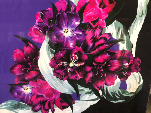 PANEL- Painted Tulips in Fuscia, on Black Crepe de Chine