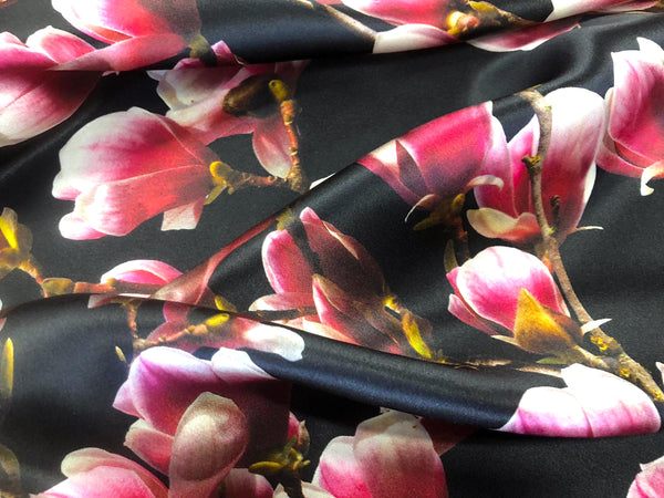 Pink Magnolias on Black Silk Satin